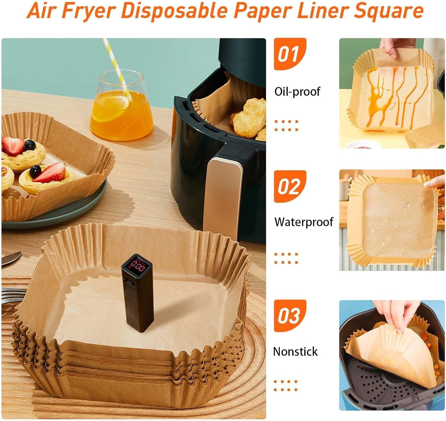 100st 20x4,5 cm Kvadrat Air Fryer Bakplåtspapper Ark Formar Engångspapper Generic
