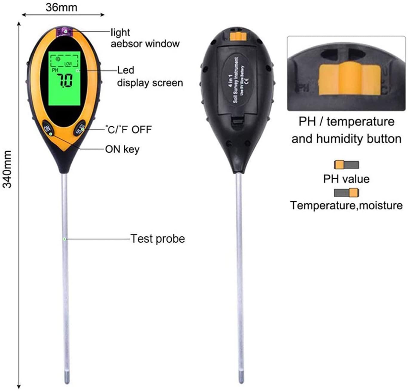 4 i 1 Digital pH mätare för jord, fukt, ljus, jordtemperatur Generic