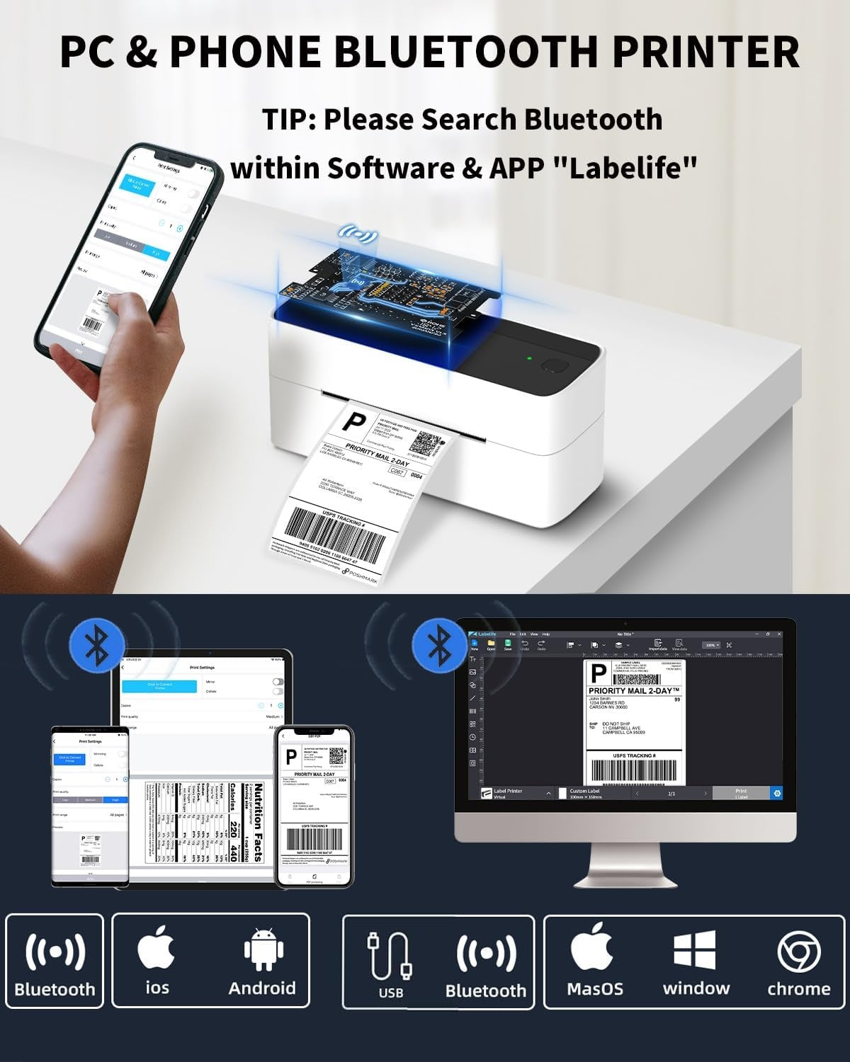 PHOMEMO PM-241-BT Bluetooth Fraktetikettskrivare Termisk med 900 etiketter Generic