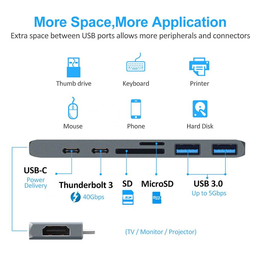 USB C Hub Thunderbolt 7 i 1 med 1 USB C Hane Generic